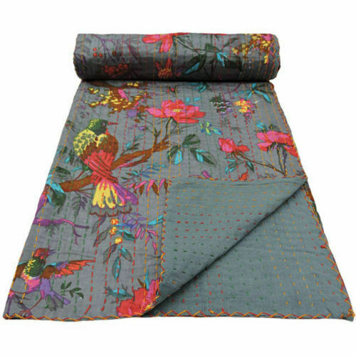 INDIAN GREY BIRD PRINT KANTHA QUILT Queen SIZE BEDDING BLANKET BEDSPREAD THROW - Imagen 1 de 3