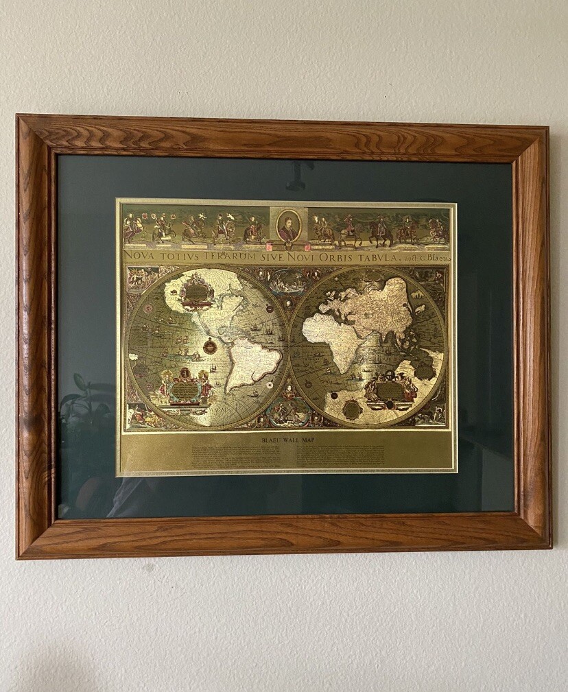 Vintage Framed Gold Foil Blaeu Wall Map Of Old And New World