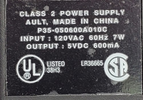 AULT INC - P35-050600A010C - AC Power Adapter. Output 5VDC 600mA Male 3.5 plug. - Picture 3 of 4