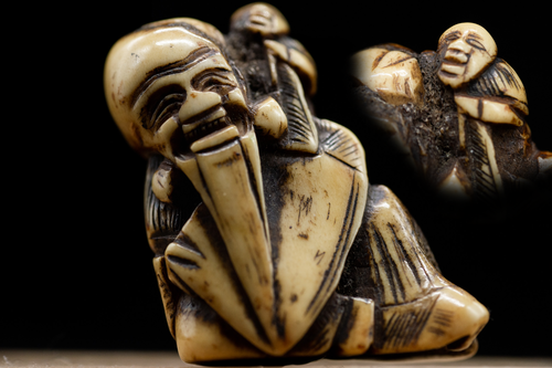 Hirschgeweih NETSUKE Einsiedler Japanisch Edo - Meiji Antik - Bild 1 von 15