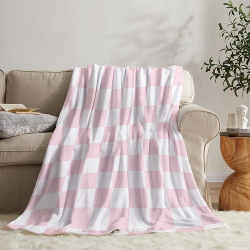 Retro Geometric Pink and White Checkered Throw Blanket for Couch Bed Sofa Office - Picture 4 of 6
