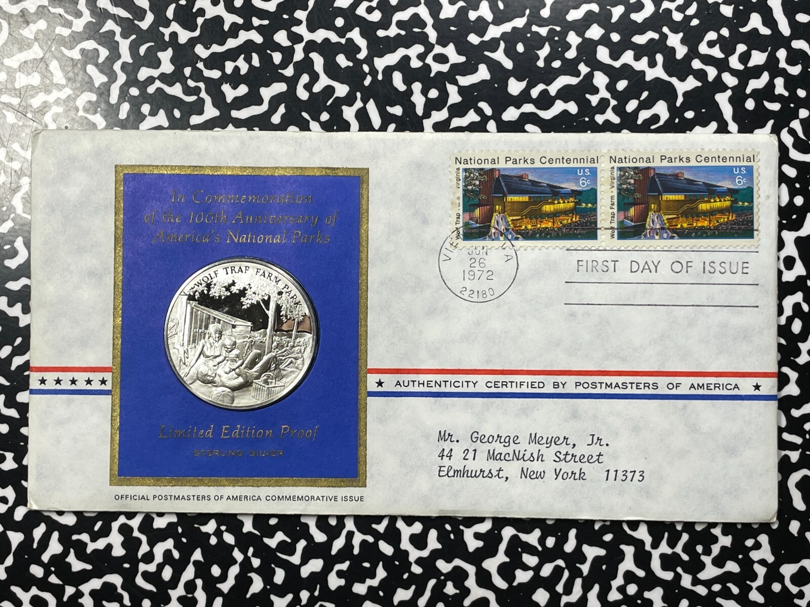 1972 U.S. Wolf Trap Farm National Parks Centennial Medal FDC Lot#B2112 Silver!