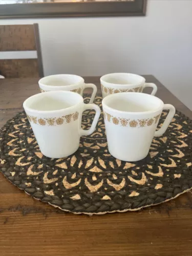 Set of 4 Vintage Pyrex 1410 D-Handle Butterfly Gold Opal Glass Coffee Mugs Cups