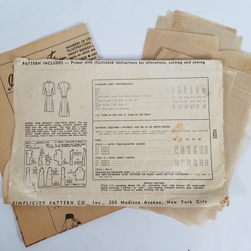 Vtg Simplicity 2 Piece Dress Pattern 1944 WWII Era Size 20 Bust 38 Complete 1025 - Picture 2 of 4