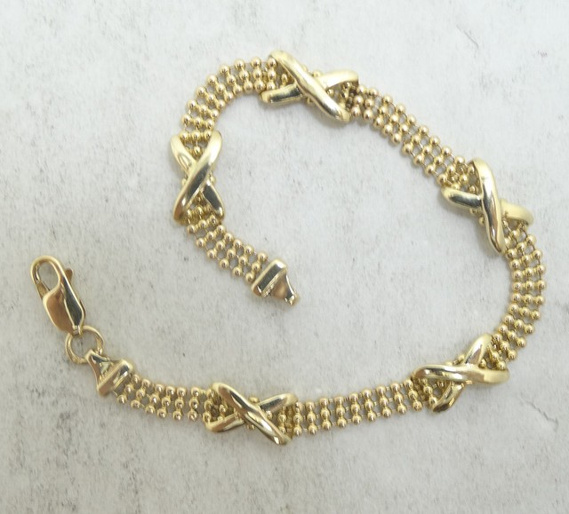 14K Yellow Gold Triple Row Beaded X Link Chain Bracelet 7.3mm 7 Inch