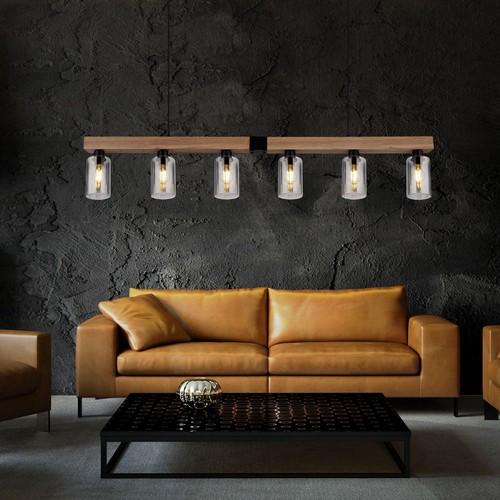 Lampadario Sospeso Lampada Da Soggiorno In Finto Legno Vetro Fumè L 140 Cm - Foto 6 di 10