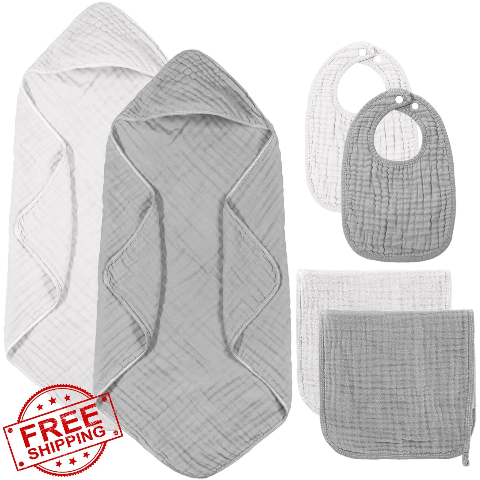 Hahafelt Muslin Hooded Towels Washcloths Bibs Set White Light Gray