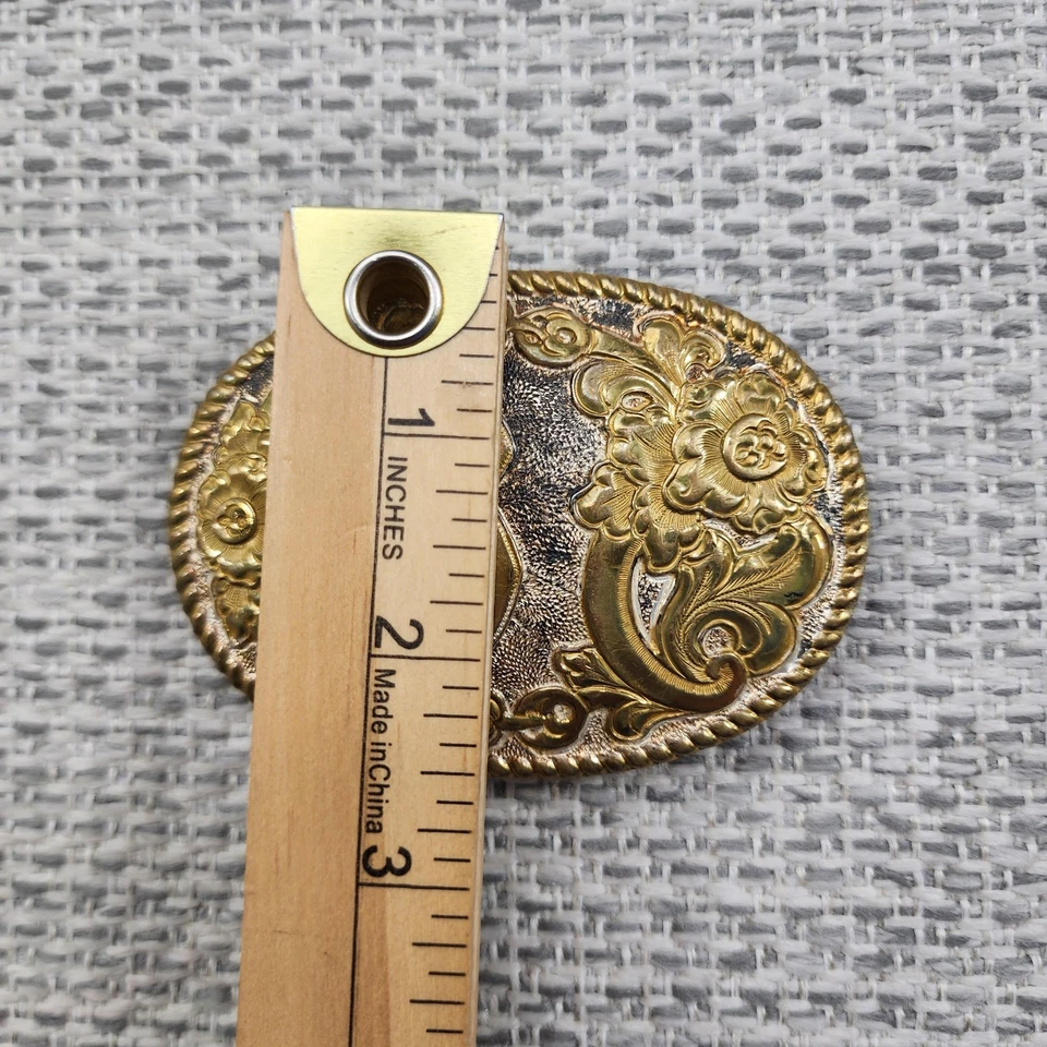Crumrine Belt Buckle Mens One Size Gold Silver B Monogram Western Floral USA - Image 3 of 4