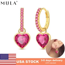 MULA European Women Hoop Earrings Golden Rose Red CZ Heart 925 Silver Jewelry