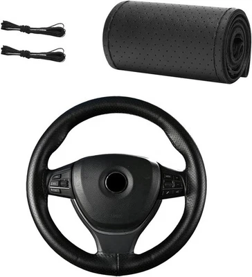 DIY Genuine Leather Steering Wheel Cover Wrap Non-slip Needle Thread 15 inch Car - Imagen 1 de 4