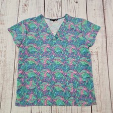 Cassandra O Colorful Neon Tropical Leaf Short Sleeve V Neck Scrub Top Women's L