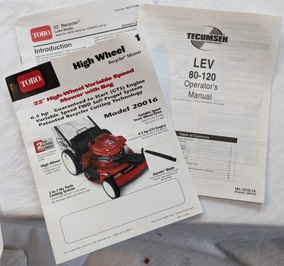 Toro 22" Recycler Lawn Mower Owner’s Manual 20016 And Tecumseh Free Ship | eBay