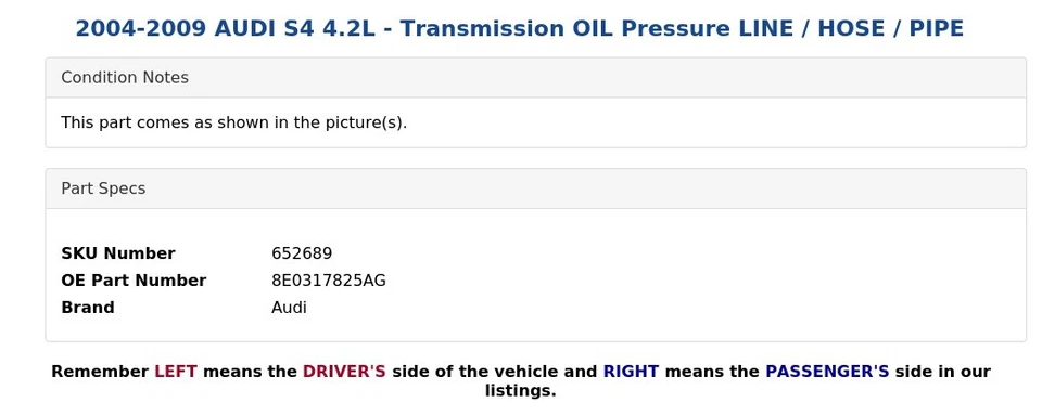 AUDI S4 2004-2009 4,2 L - Transmisión aceite presión línea/manguera/tubo Foto 3 de 4
