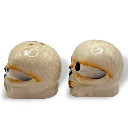Juego de coctelera de sal y pimienta calaveras vintage cerámica dientes pintados en oro enloquecidos Japón - Imagen 2 de 6