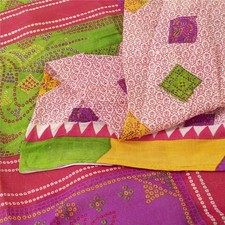 Sanskriti Vintage Sarees Red Bandhani Printed Pure Cotton Sari 5 Yd Craft Fabric
