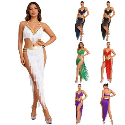 DE Damen Bauchtanz Kostüm Quaste Crop Top Maxirock Orientalisch Indisch Arabisch