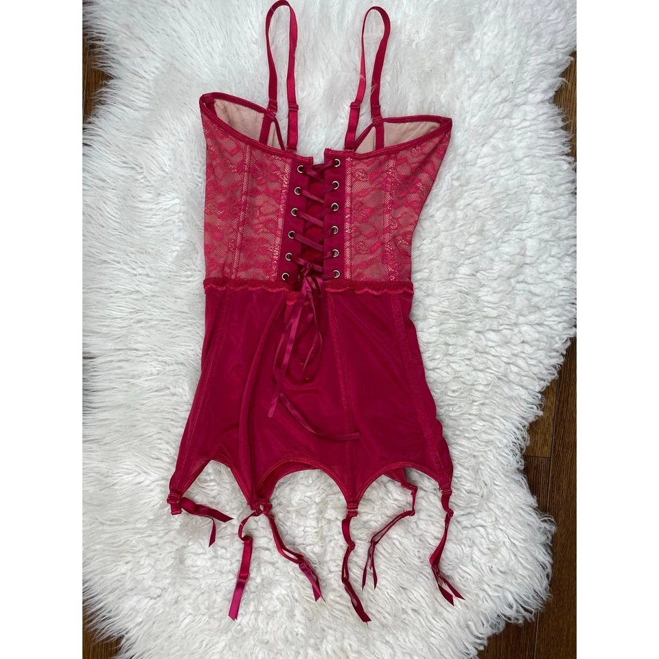 Corsé con cordones Coquette para mujer talla S rojo floral encaje deshuesado gancho y bucle Foto 2 de 4