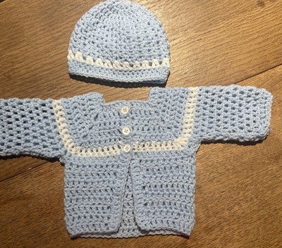 hand crocheted baby Sweater And Hat. Perfect Gift  For Newborn Fits 0-3 Mo