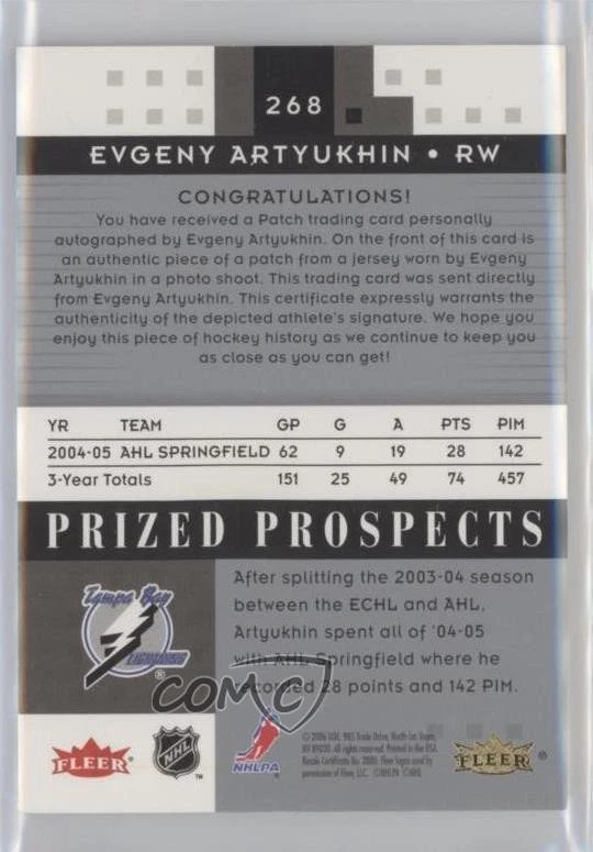 2005-06 Fleer Hot Prospects Prized /349 Evgeny Artyukhin #268 Rookie Auto RC - Image 2 of 2