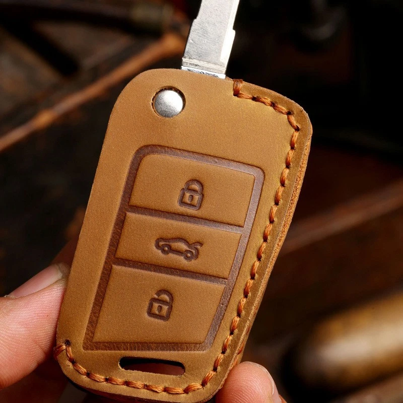Genuine Leather Car Key Case Cover For VW Volkswagen Polo Skoda Golf Tiguan - Image 3 of 4