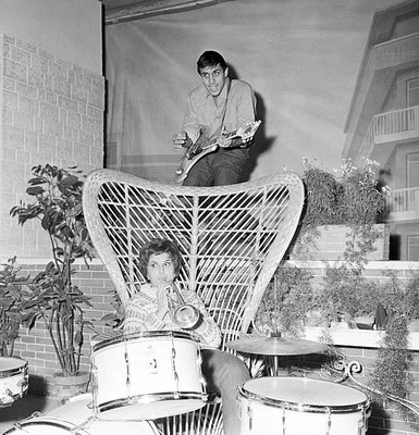 Mina and and actor Adriano Celentano playing music together 1959 Old Photo