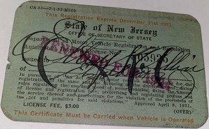 Rare Antique ID'd WWI, WWII, Police Detective Automobile Registration Card! NJ!