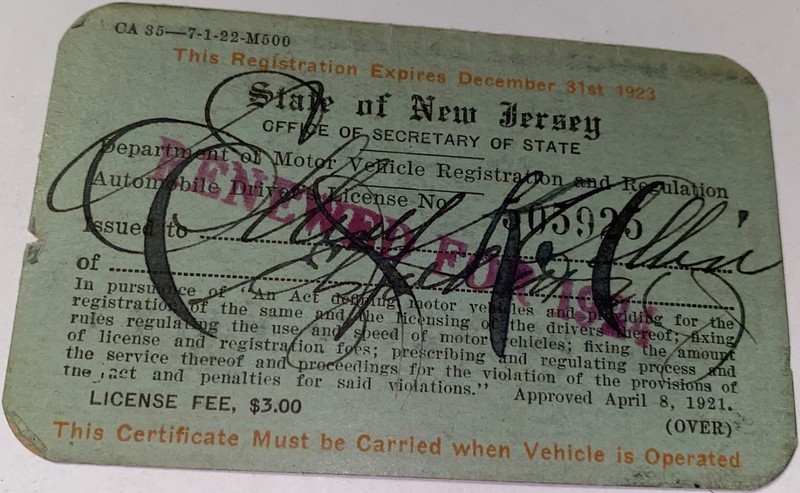 Rare Antique ID'd WWI, WWII, Police Detective Automobile Registration Card! NJ!