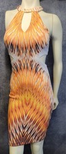 Guess L.A. women XS high neck sleeveless pencil bodycon midi dress orange print