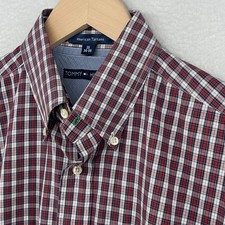 TOMMY HILFIGER Shirt Mens 16 34-35 American Tartan Plaid Dress Cotton Red