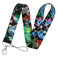 Stitch Character Ohana Means Family Flowers Black ID Badge Holder Lanyard