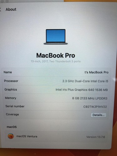 Apple MacBookPro14,1 A1708 i5-7360U CPU @ 2,30 GHz 8 GB 121 GB - Foto 8 di 8