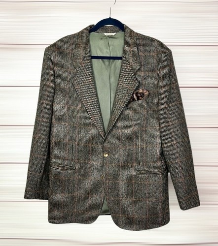 Vintage Austin Grey Sport Coat  Wool  Houndstooth Black Tan Two Button Men’s 42R - Picture 1 of 12