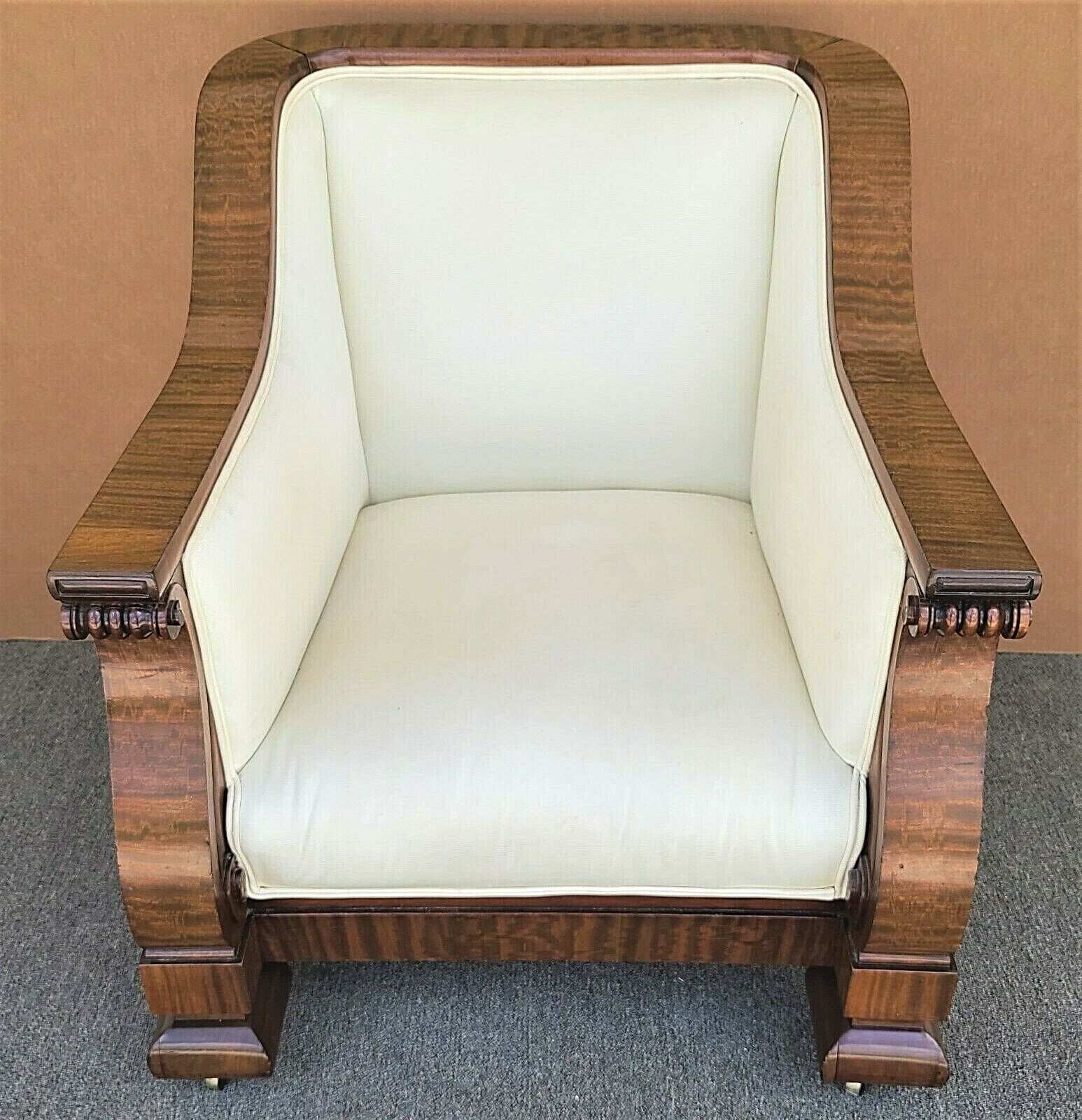 American Empire Upholstered Mahogany Claw Arm Club Lounge Chair