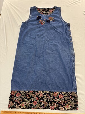 Vintage 90s Y2K Erika Woman DENIM Dress Embroidered Corduroy Button Accents 2X