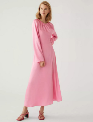 M&S Pink Satin Midi  Tea Dress  Size 18  Reg BNWT