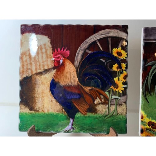 Set of 2 Beautiful Rooster and Chicken Ceramic Tile Trivet Corked 8" x 8" - Picture 3 of 4