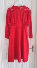 Asos Dress Midi Fit and Flared Lace Long Sleeves  Red Party Wedding Size UK 12 
