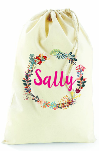 Personalised Birthday Cotton Drawstring Bag Flowers Garland Vintage design Gift - Picture 2 of 7
