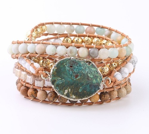 E09 Armband Ozean-Jaspis Fluorit bunte Kristalle auf Lederseil 94 cm lang - Bild 6 von 7