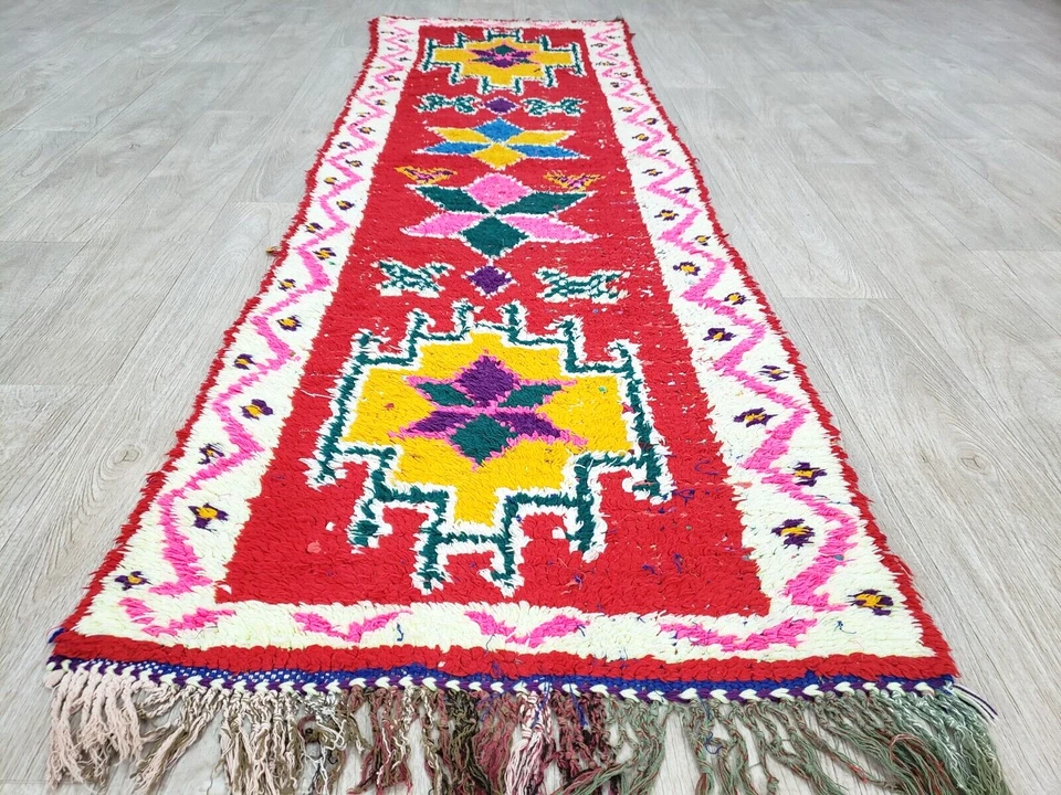 Vintage Geometric Berber Runner Rug 2x7 Moroccan Handmade Red Cotton Boujaad Rug - Image 4 of 4