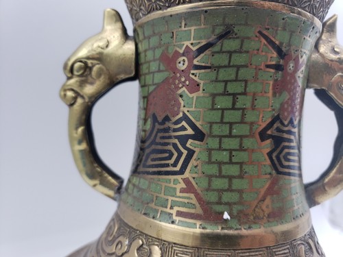 Antike japanische Cloisonne Emaille auf Messing/Bronze 12" Vase asiatisch - Bild 7 von 12