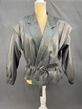 1980's Gray Leather Jacket Belted Batwing Women's Made In Spain Sz Small (302)