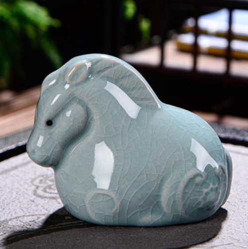 3" Chinese Porcelain Pottery Blue Fengshui 12 Zodiac Animal Horse Money Statue - Picture 1 of 3
