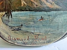 Vintage Hawaii folk art Painting Diamond Head Surfing Surfboard Outrigger canoe