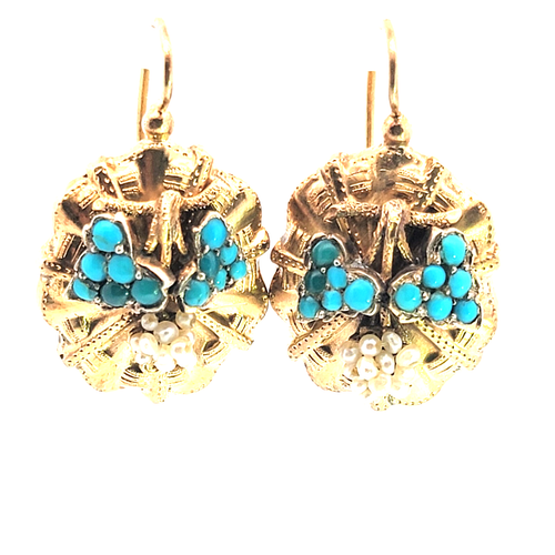 Antique Victorian 18K Gold Turquoise & Pears Dangle Shield Shape Earrings - Picture 7 of 7