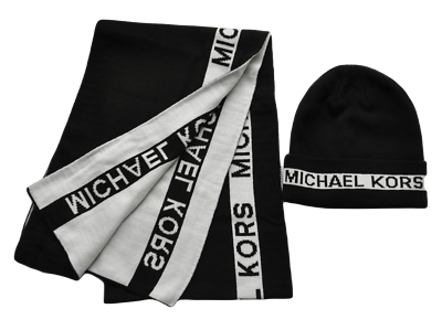 Michael Kors Black and White Logo Beanie and Scarf Set Michael Kors MK Logo Knit Beanie, Scarf & Gloves 3-Piece  main image 2