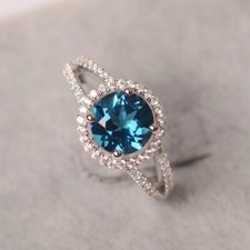 London Blue Topaz Halo Women Ring Natural Gemstone Round Cut 925 Sterling Silver