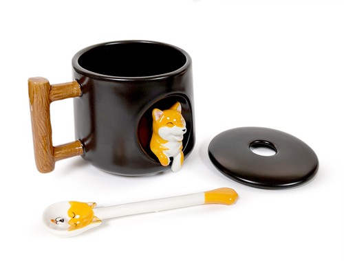 Cute Dog Ceramic Mug Wood Handle Design With Spoon And Lid - Picture 17 of 21
