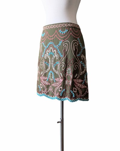 ANTHROPOLOGIE Skirt Green Aqua Peach Embroidered Paisley Mini Festival Boho Sz 0 - Picture 2 of 8