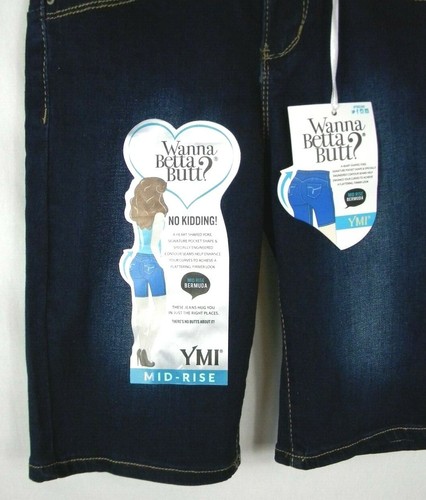 YMI Wanna Betta Butt Bermuda Shorts Women's 1 Dark Wash Mid Rise Cotton Bld. NWT - Picture 4 of 12